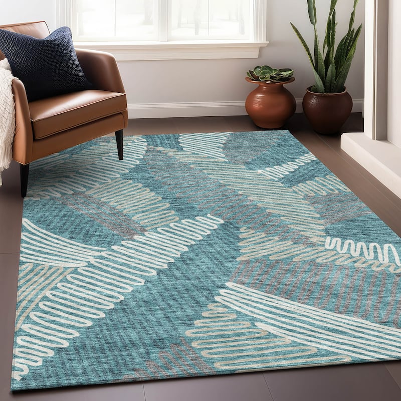 Premium Washable Super Soft Contemporary Leaf Mayfield Rug - Teal - 10' x 14'