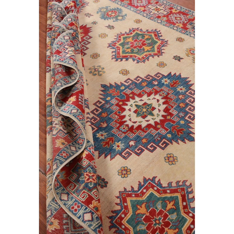 Hand Knotted Oriental 100% Wool Carpet Traditional Geometric Beige & Ivories Kazak Area Rug - 11' 0'' X 7' 9''
