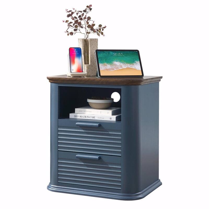 22" Fluted Nightstand with Charging Station - Modern End Table with 2 Drawers and Open Storage