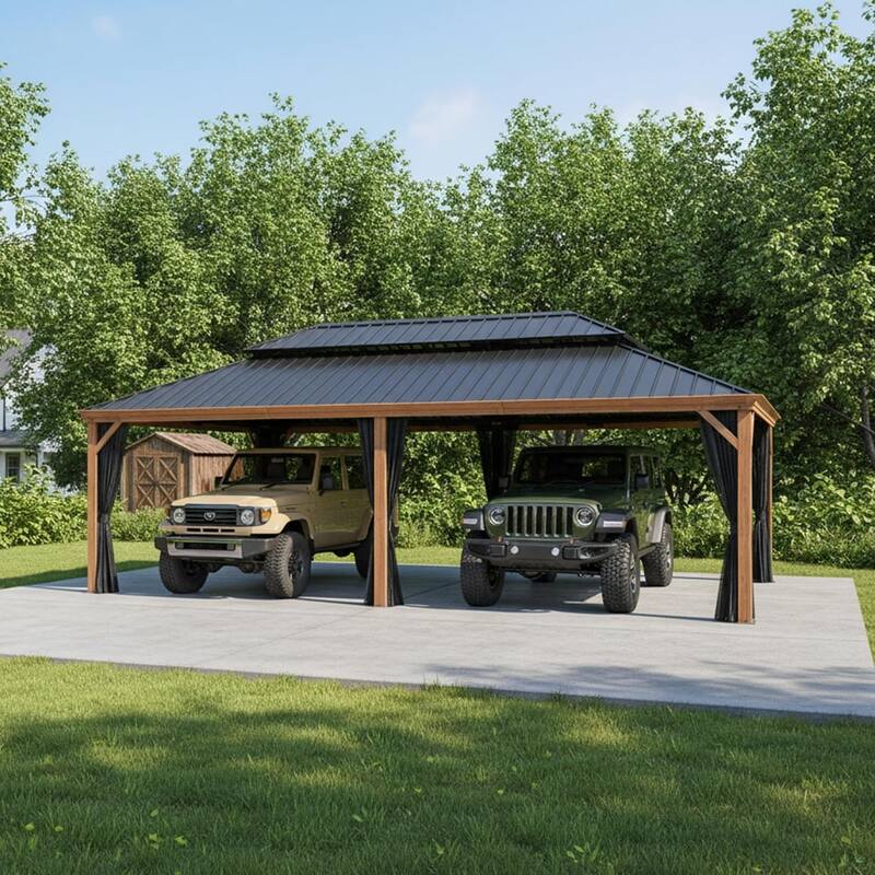 PURPLE LEAF Hardtop Gazebo Galvanized Steel Roof Gazebo Pergola w Wooden Coated Alumninum Frame and Mosquito Net