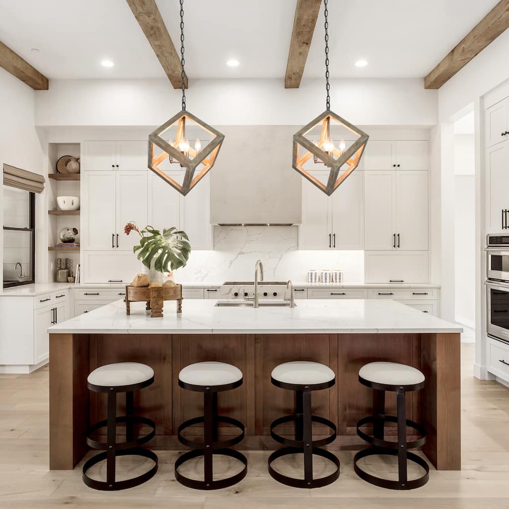 Farmhouse 4-light Solid Wood Chandelier Rustic Dining Room Barn Geometrical Ceiling Lights - 15.5 in