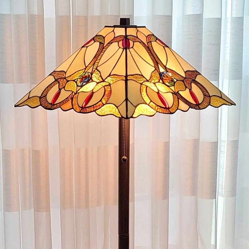 Beige Metal Traditional Floor Lamp with Stained Glass Cone Shades - 17” x 17” x 62” (D x W x H)