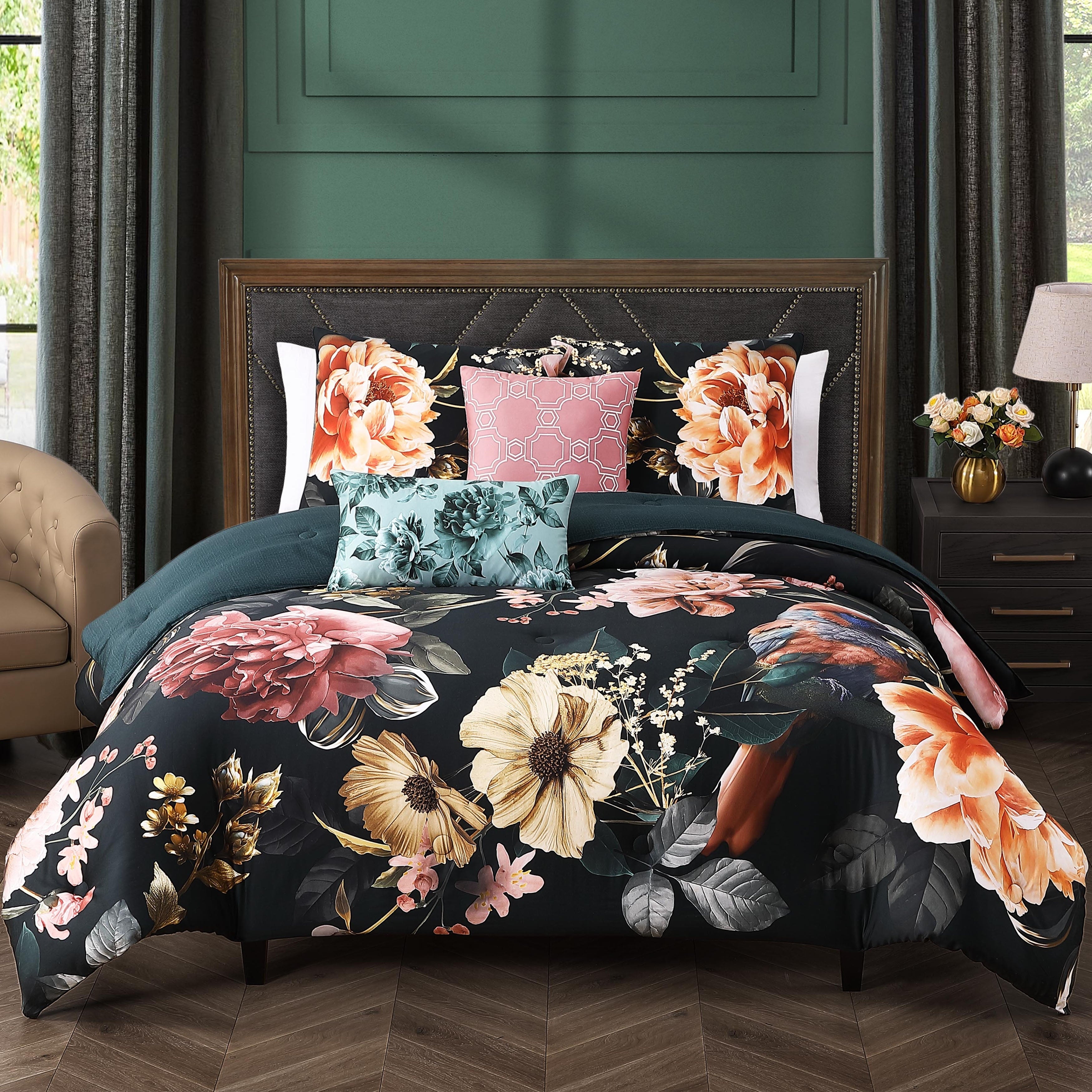 Bebejan Botanical Birds 100% Cotton Sateen 5 Piece Reversible Comforter Set