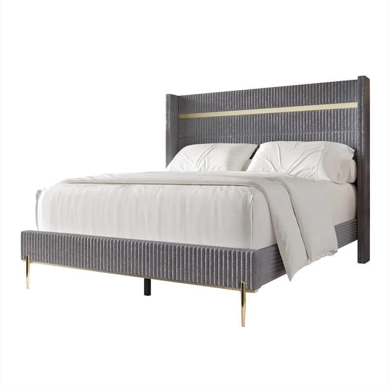 CraftPorch Luxurious Gold PU Strip Wingback Velvet Upholstered Bed - Grey - King