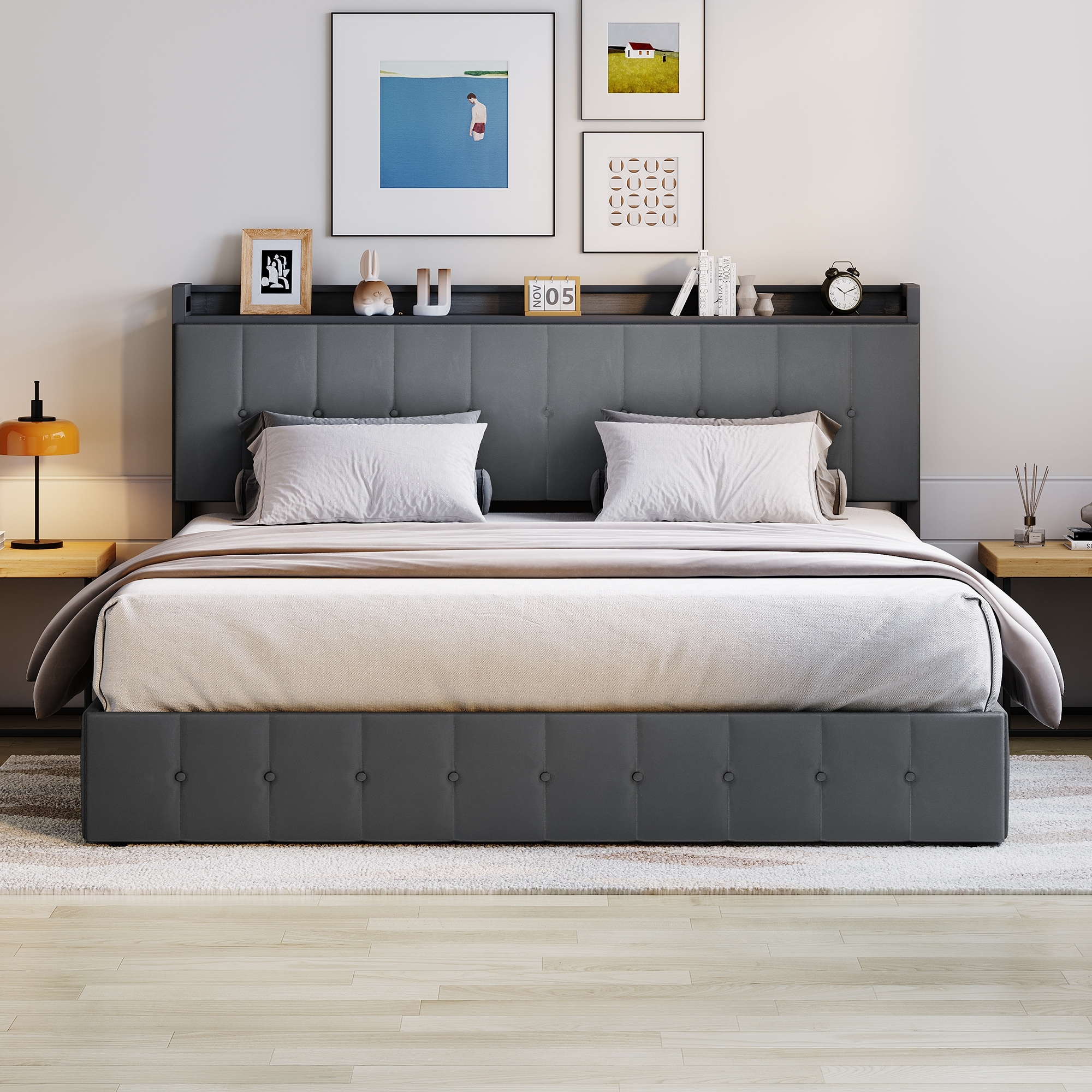 Bed Frame with Lift Up Storage, Upholstered Bed with Storage Headboard, Metal Platform Bed, Button Tufted Headboard