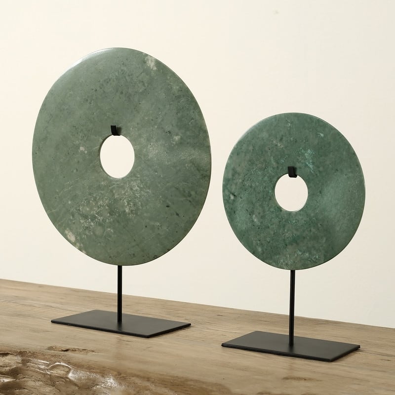 Artissance Medium Green Jade Disk Statue Decor With Base, 16 Inch Tall