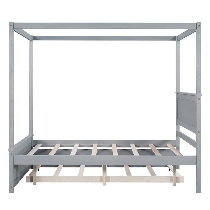 Modern Full Canopy Bed with Trundle, Solid Wood Frame, and Customizable Curtain Rails