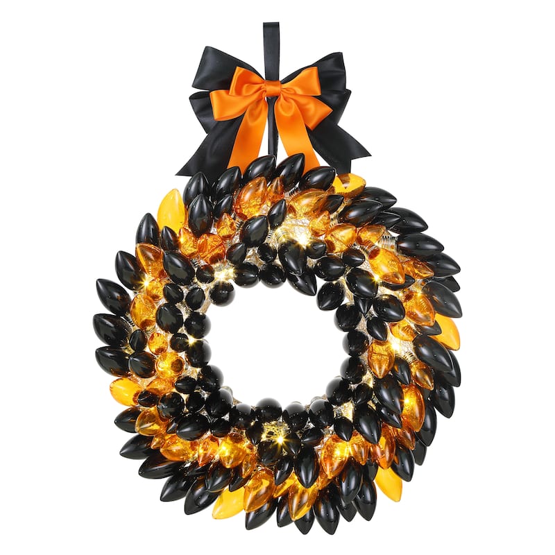 17 in. Retro C9 Bulb Wreath - Black and Orange