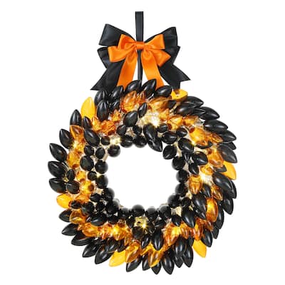 17 in. Retro C9 Bulb Wreath - Black and Orange