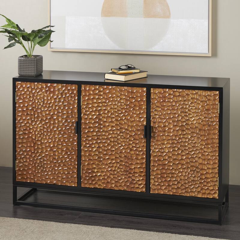 Wooden Handmade Carved Pebbled 3 Door Sideboard with Black Metal Frame - Brown - Roche River Decor