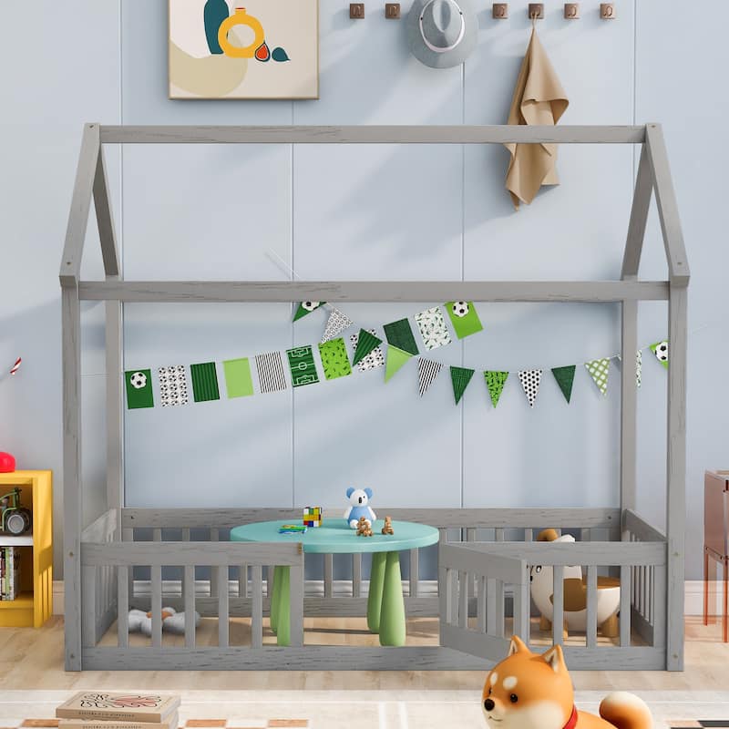 Gray Pine Wood House Bed with Fence, Door, and Solid Construction