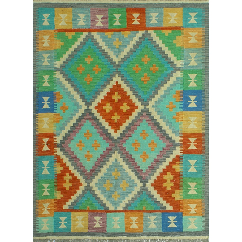 Noori Rug Sangat Flatweave Elouise Green/Red Rug - 4'9" x 6'8"