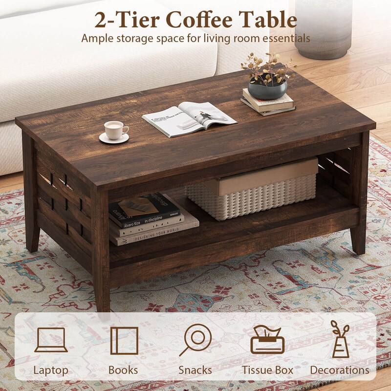 Costway 39.5” 2-Tier Coffee Table with Open Shelf Woven Decorations - See Details