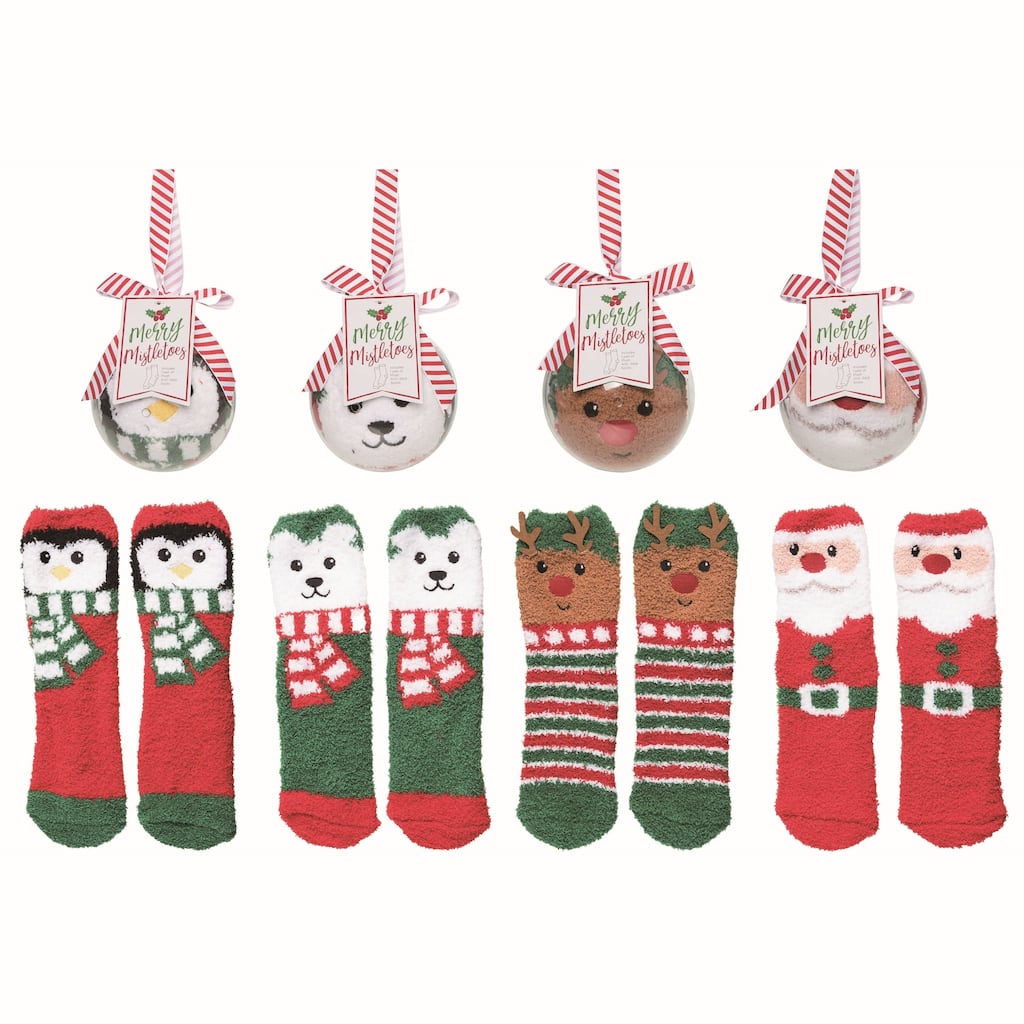 Transpac Polyester Multicolor Christmas Plush Socks in Ornament Ball Set of 4 - Mutlicolor