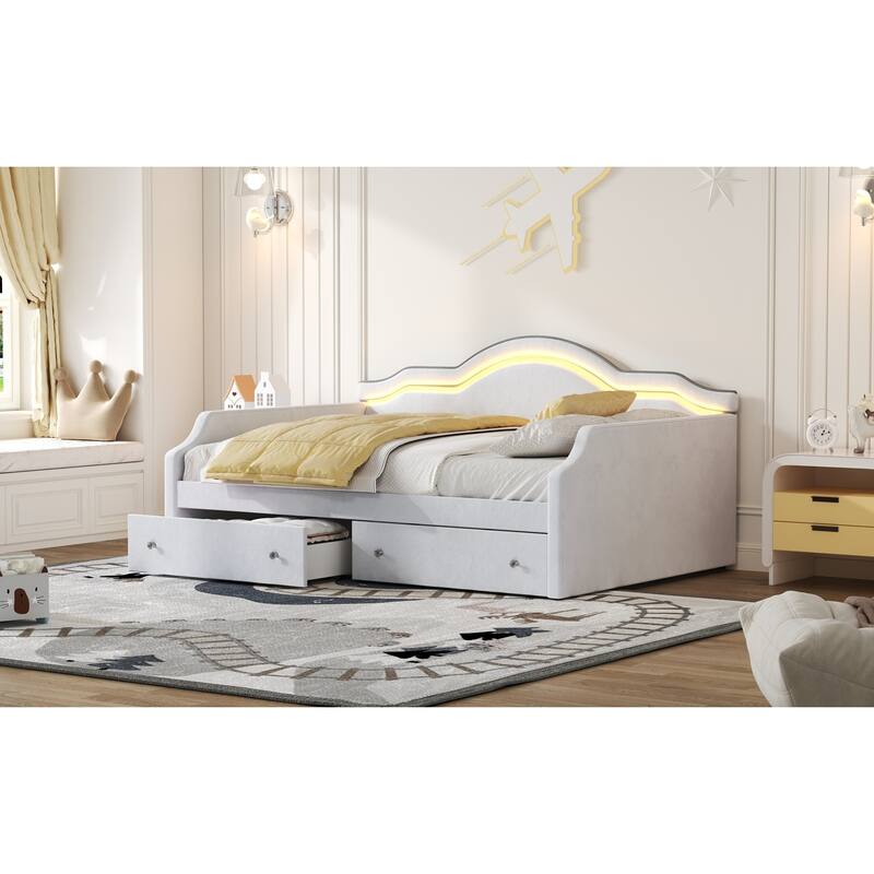 Full Size Velvet Upholstered Daybed with LED Lights and Storage Drawers