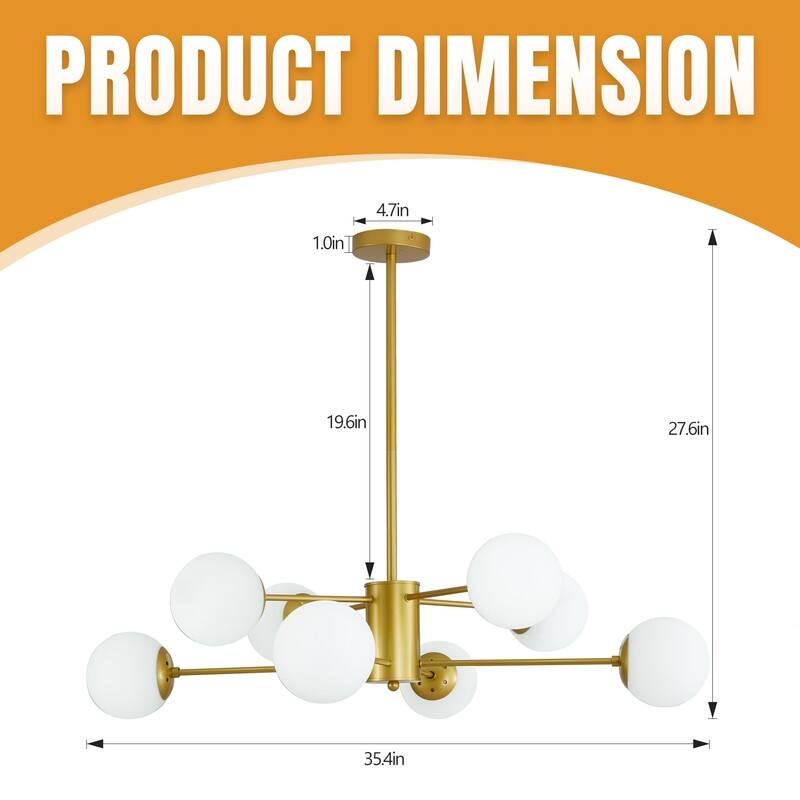 Modern Gold Sputnik Chandelier With Clear Glass Shades For Dining Room, Living Room, Or Kitchen - 8 Lights