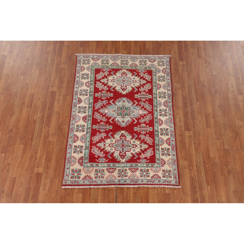 Red Geometric Kazak Rug Handmade Wool Carpet - 3'11" x 5'7"