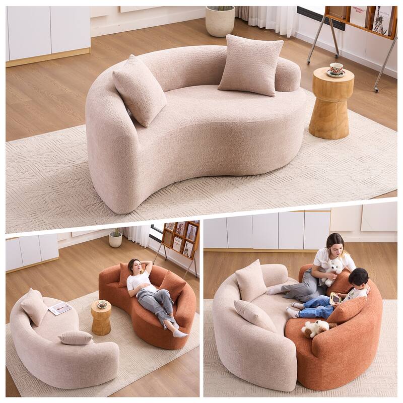 Yin-Yang Design Single Chaise Couch S-curved Chenille Sofa, Purchase 2pc for Combination into Tai Chi Round Sleeper Sofa Bed - Beige
