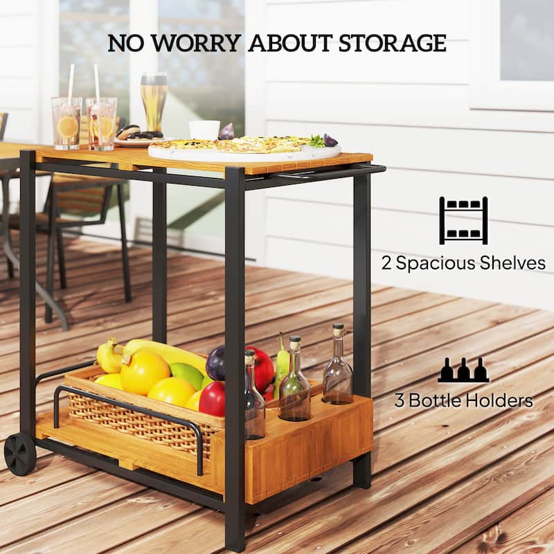 Outsunny Acacia Wood Outdoor Bar Cart with Wheels, Rolling 2-Tier Coffee & Drink Cart with 3 Bottle Holders, Outdoor Serving