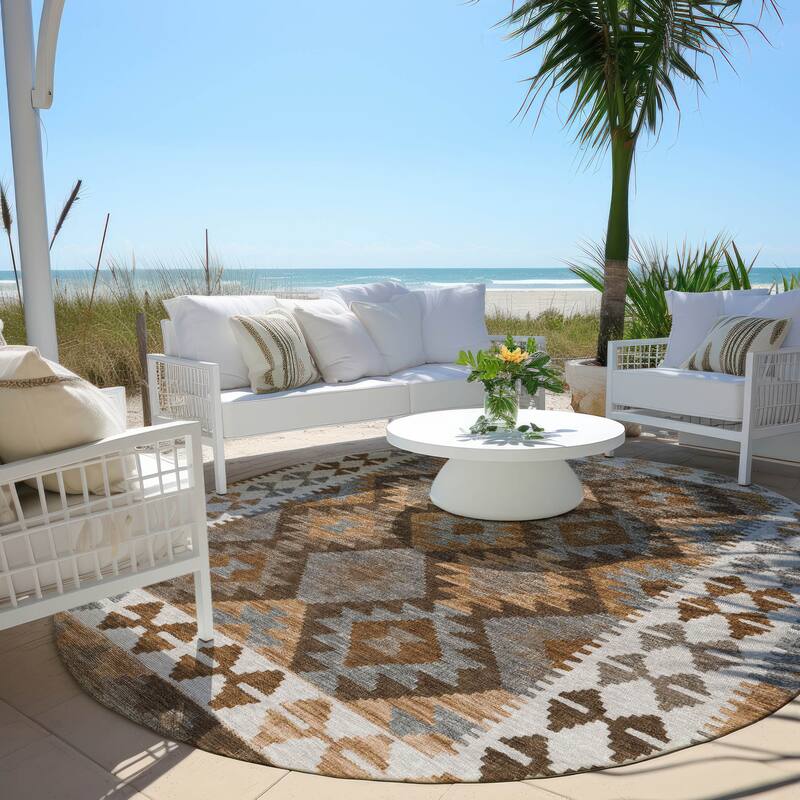 Machine Washable Indoor/ Outdoor Boho Global Chantille Rug - Copper - 8' x 8' - Round