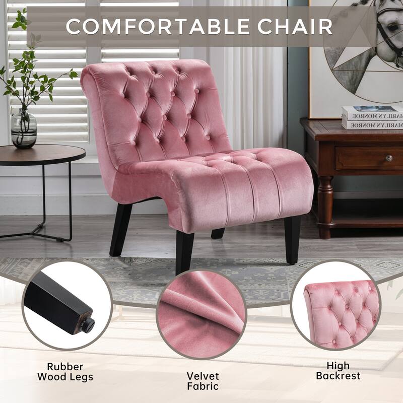 Pink Modern 22.83" Upholstered Buttons Tufted Accent Chair with Wooden Legs for Living Room