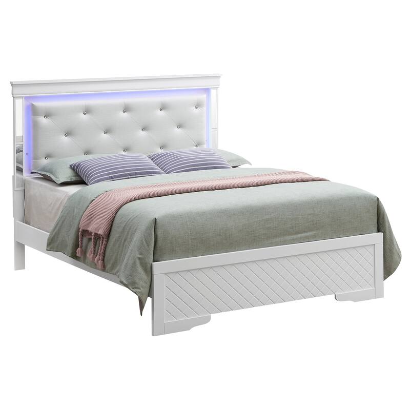 Jewel Tufted Mirrored Panel Full Bed with LED Light - 80" - Silver