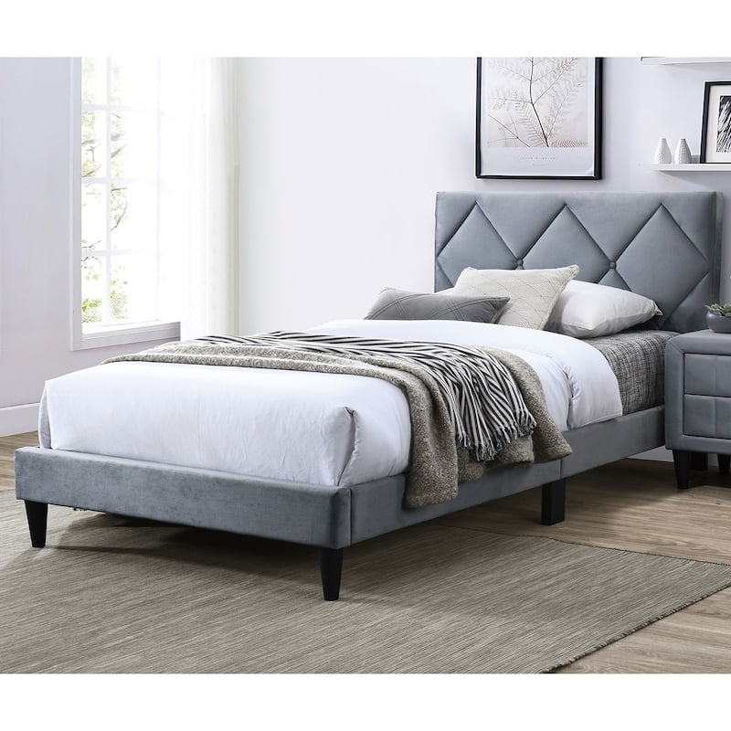 Velvet Upholstered Adjustable Headboard Full Bed with Tufting Design