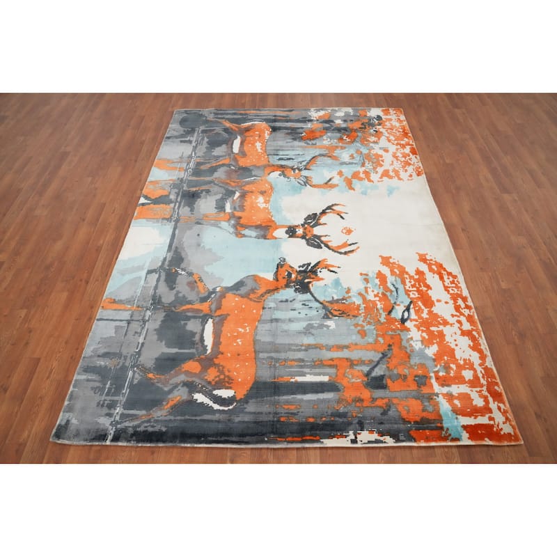 Hand Knotted Oriental Viscose Silk Carpet Modern Animal Pictorial Greys & Charcoal Abstract Area Rug - 7' 11'' X 5' 7''