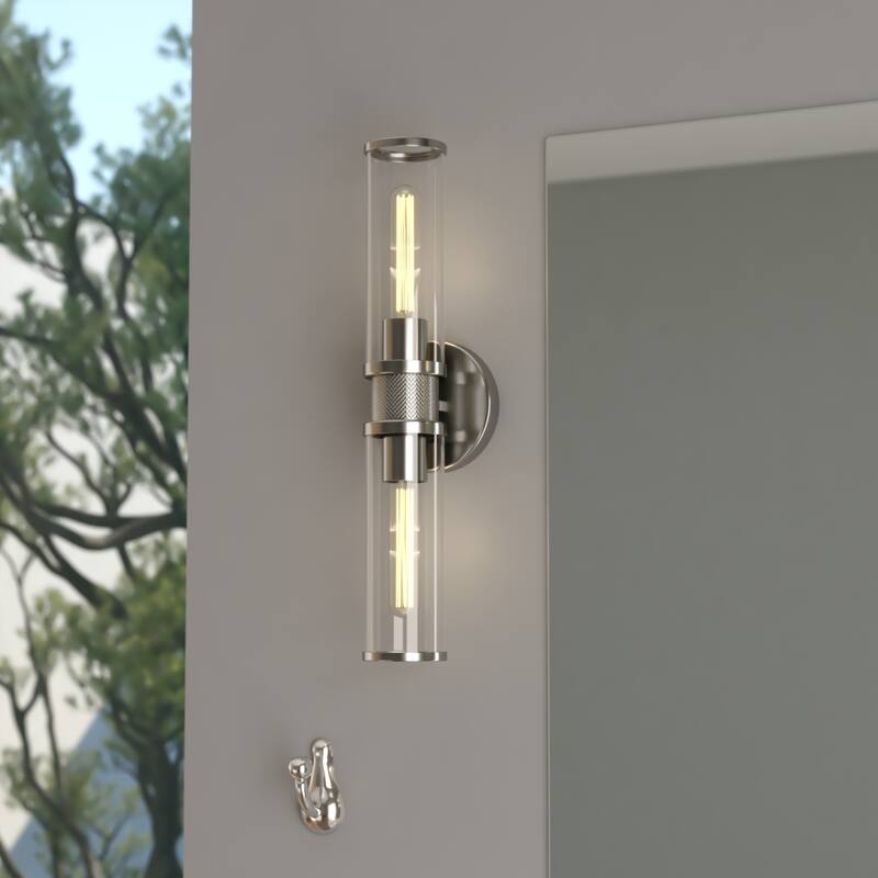 Levitt 2 Light Mid Century Modern Industrial Bathroom Vanity Bath Bar Fixture Clear Glass - Polished Nickel - 19.25-in W x 4.75-in H x 4.5-in D