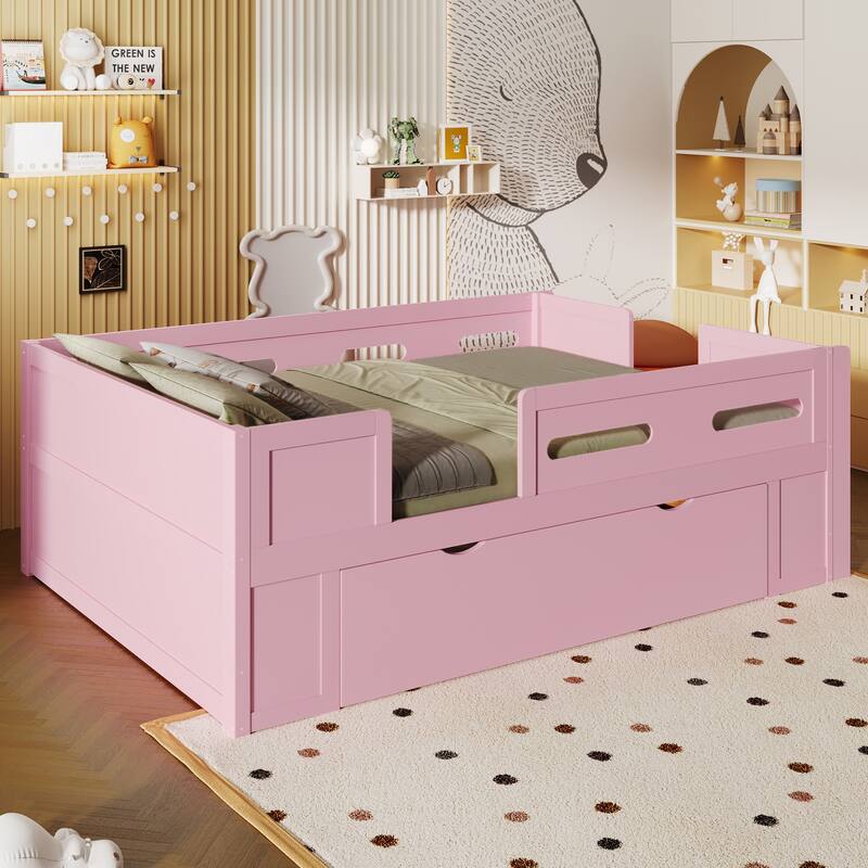 Roomfitters Full/Twin Size Wood Platform Bed with Underbed Storage Drawer and Safety Guardrails, Modern Low Loft Frame