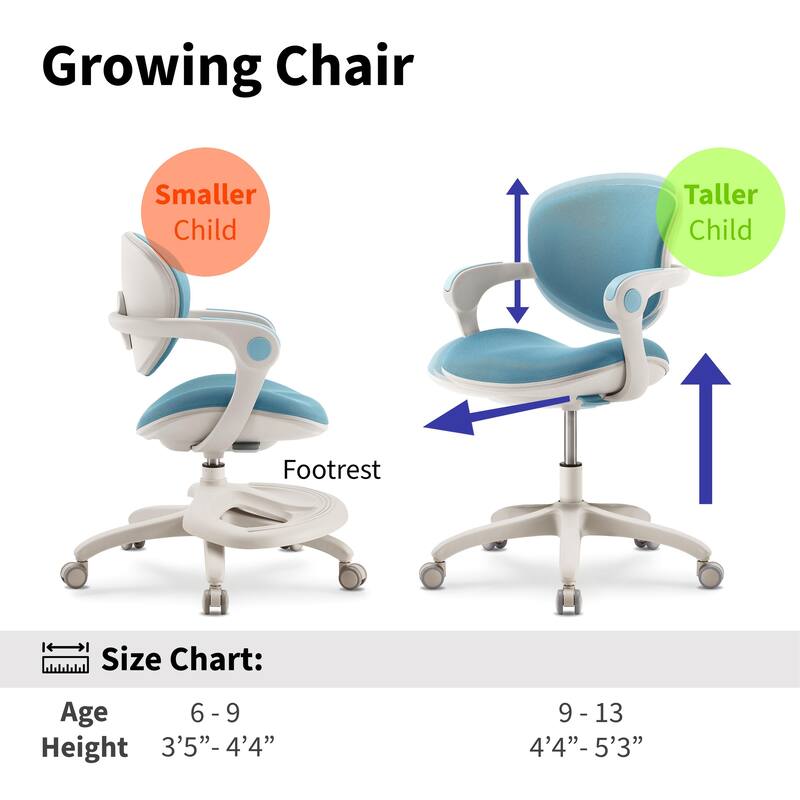 Ergonomic Kids Desk Chair with Rotating Footrest | Growing Office Chair with Adjustable Seat and Lumbar Support
