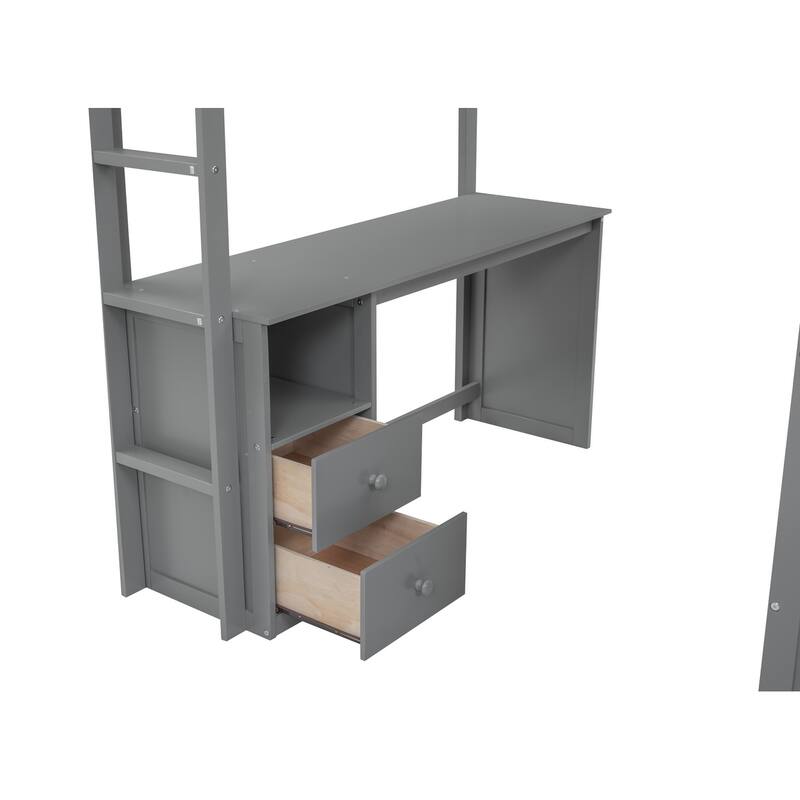 Full Size Loft Bed with Wardrobes, Desk, and Storage Cabinet in Gray