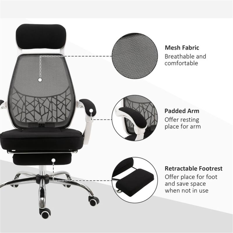 Black and White Ergonomic High Back Office Chair Mesh Fabric Reclining with Footrest - 25.5" x 47.25"