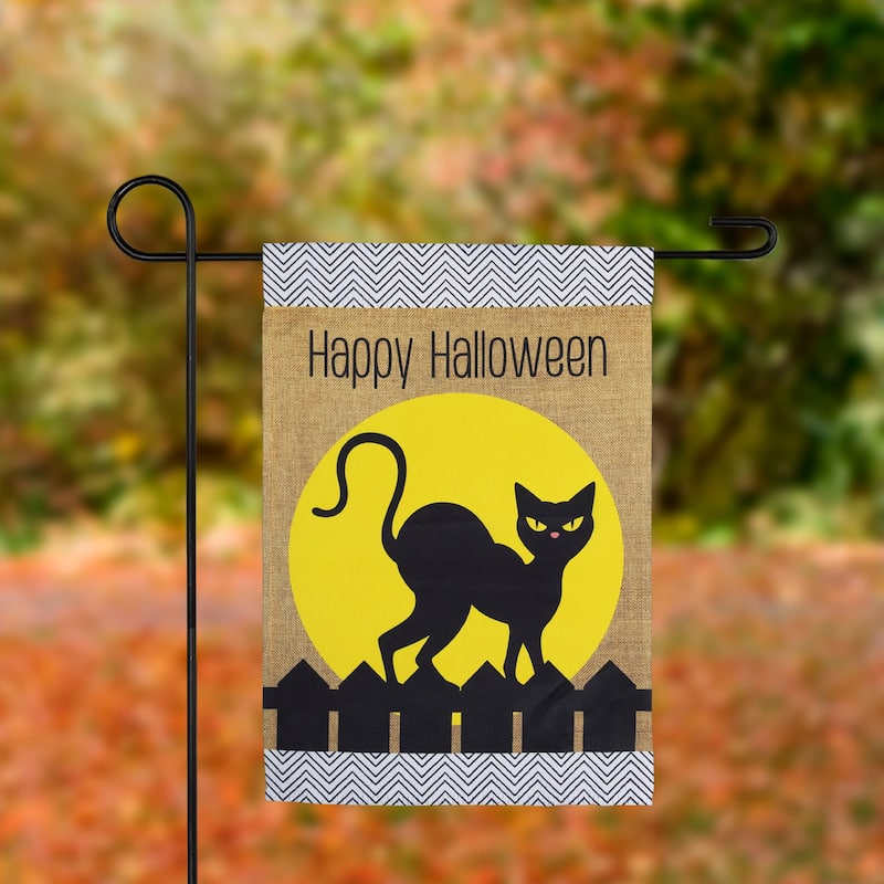 Black Cat "Happy Halloween" Outdoor Garden Flag - 18" x 12.5"