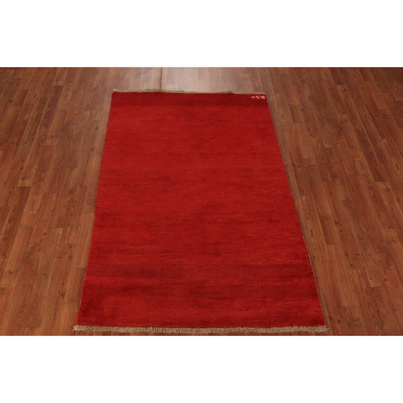 Gabbeh Modern Rug Hand-Knotted Solid Red Wool Carpet - 3'10" x 5'10"