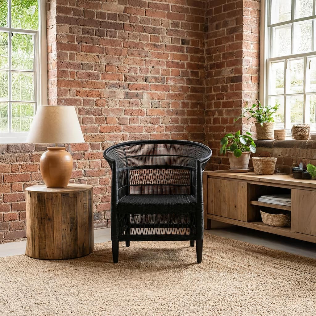 100% Solid Wood Frame Handwoven Natural Rattan Indoor Chair, Boho Farmhouse Accent Seating