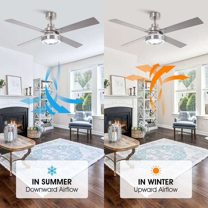 52" Brushed Nickel 4-Blades Smart Ceiling Fan with Dimmable LED Light and Remote