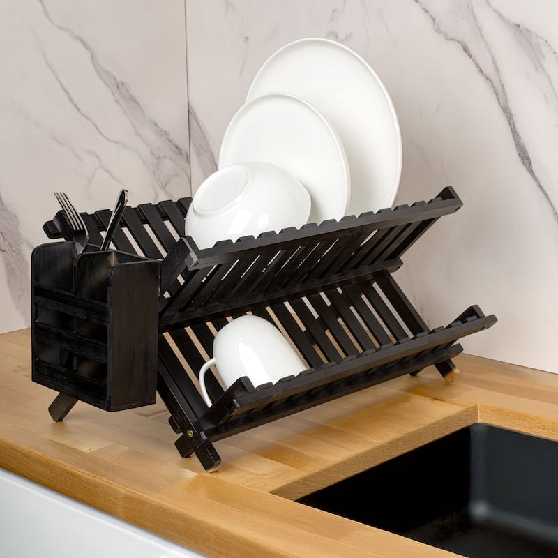 Arlen Farmhouse Foldable 2-Tier Dish Drying Rack with Detachable Utensil Holder