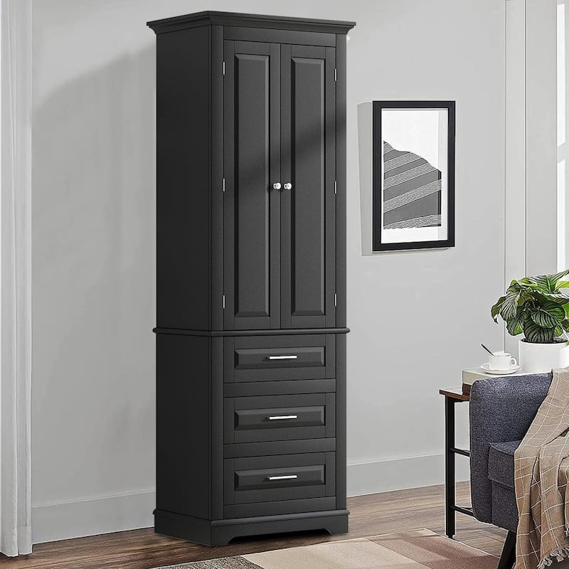 Minimalist Standard Freestanding Bathroom Tall Storage Cabinet with a Cabinet and 3 Drawers - Black