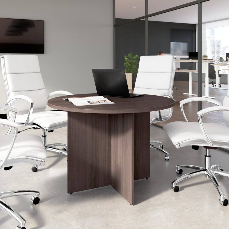 Bush Business Furniture 42W Round Conference Table with Wood Base - Grey