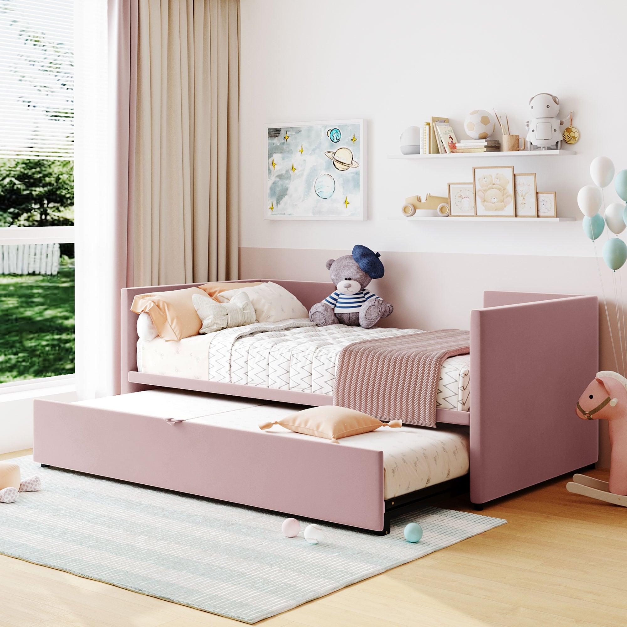 Twin Size Upholstered Daybed with Pop Up Trundle Pink Bed Bath