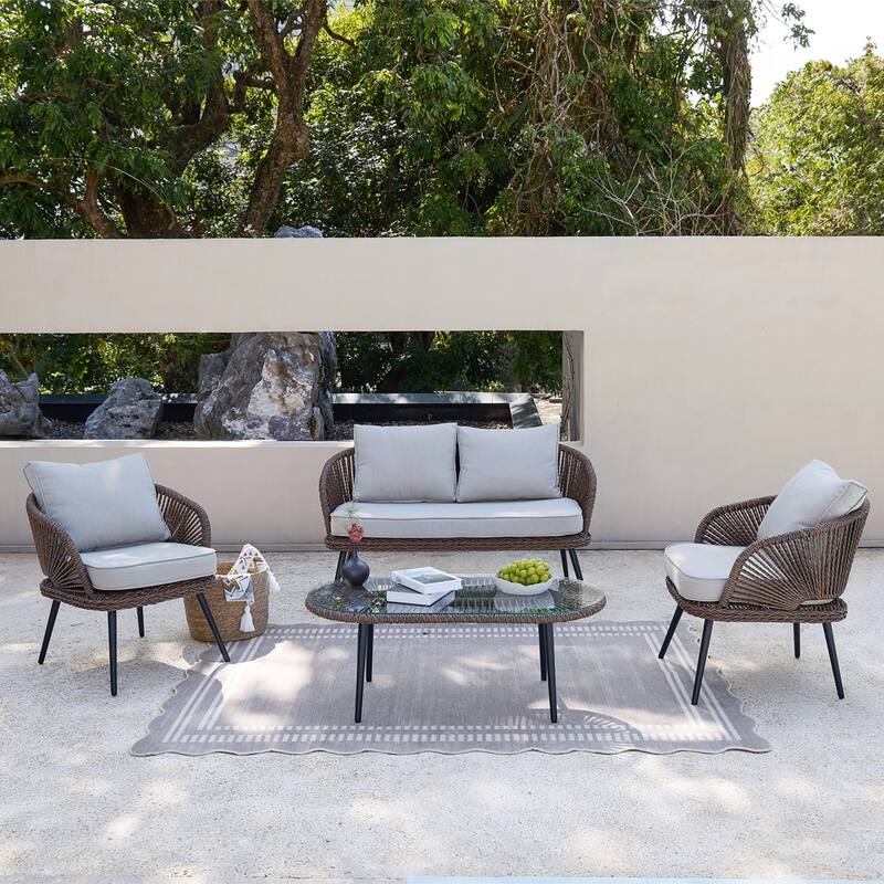 4-Person Outdoor Wicker Patio Conversation Seating Set with Coffee Table, Weather-Resistant Cushions