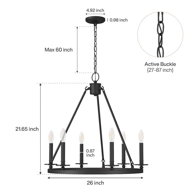 6-Light Farmhouse Black Wagon Wheel Chandelier with Adjustable Height
