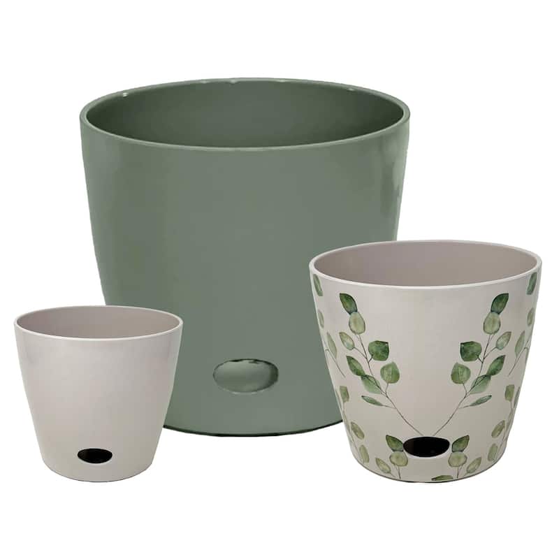 Bamboo Blooms Self-Watering Plant Pot Set of 3 - 5"-7"-10"Round -  7" | 5" Assorted - 5"-7"-10"Round|Cream-SageGreen-GreenLeaves