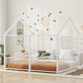 Metal Twin Size House Platform Bed with Two Shared Beds, Guardrails, Roof and Windows, Sturdy Frame, White Finish
