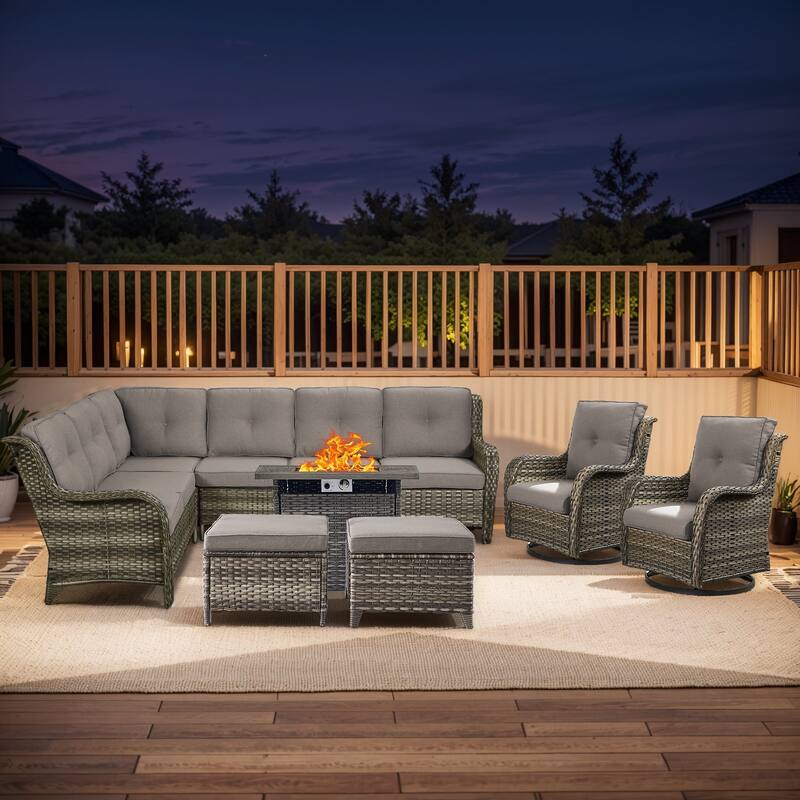 Outdoor 2 Sectional Sofa with Fire Pit Table Set - Sectional Sofa Chairs with Square Fire Table - Grey Rattan - Grey Cushion