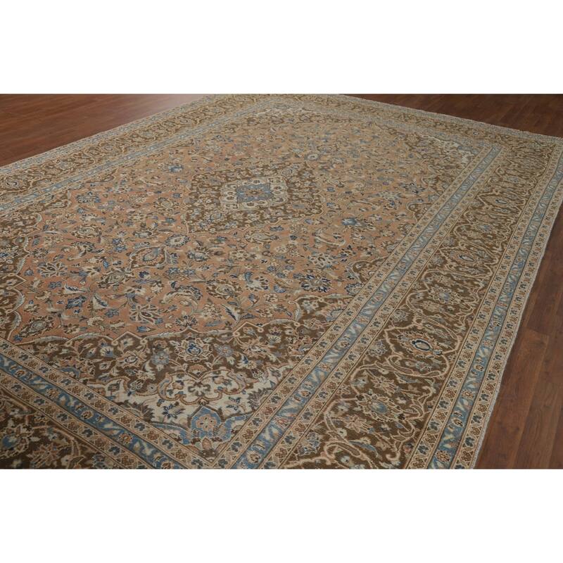 Traditional Mashad Vintage Persian Rug Handmade Orange Wool Carpet - 9'4" x 13'3"