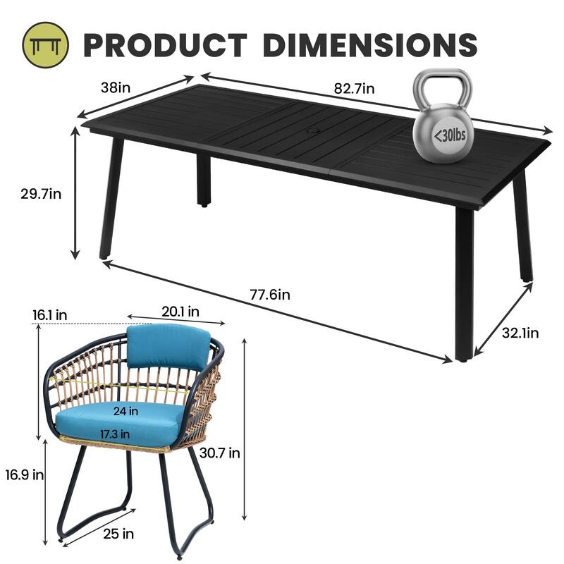 7/9/11-Piece Set Outdoor Aluminum Dining Table with Umbrella Hole and PE Rattan Chairs