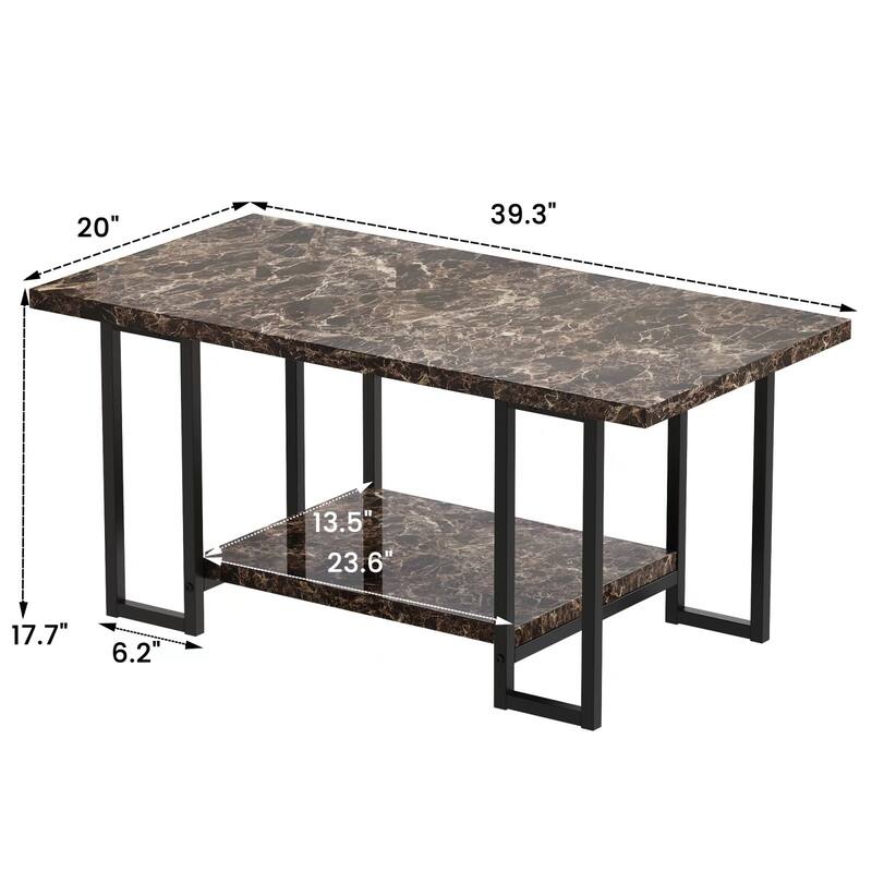 2 -Tier Rectangle Coffee Table, Black Base and Faux Marble Table top for Living Room, Double Metal Leg Design