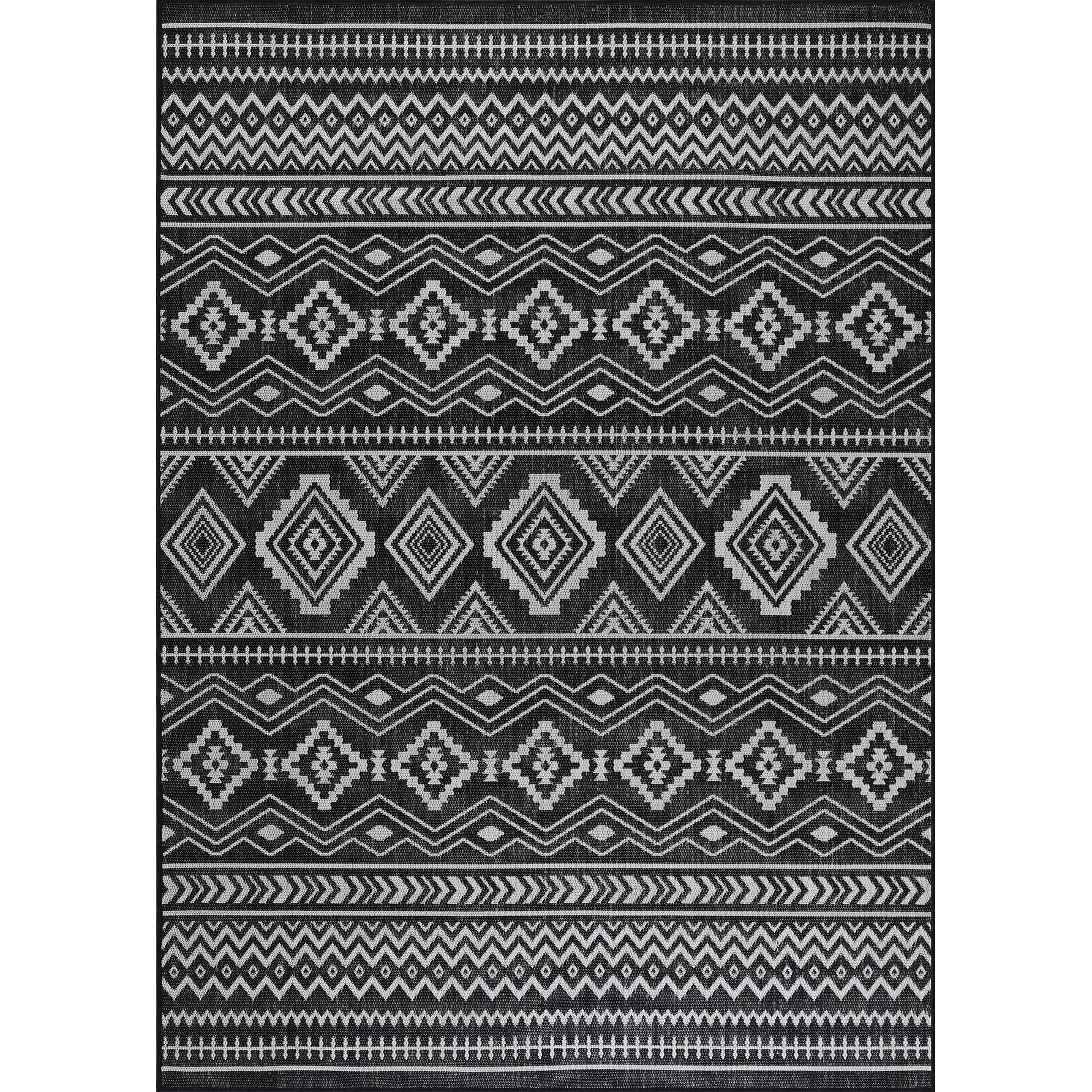 Reversible RV Patio Mat with Aztec Border Design, 8' x 11', Black/Gray